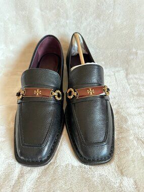 NIB Tory Burch Perrine Loafer Shoes Square Toe Logo Leather In Black Size 7